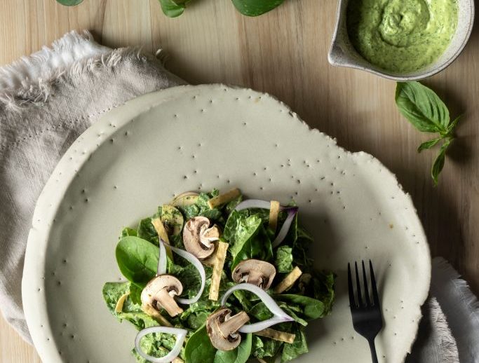 Spinach and Mushroom Salad with Avocado Green Goddess