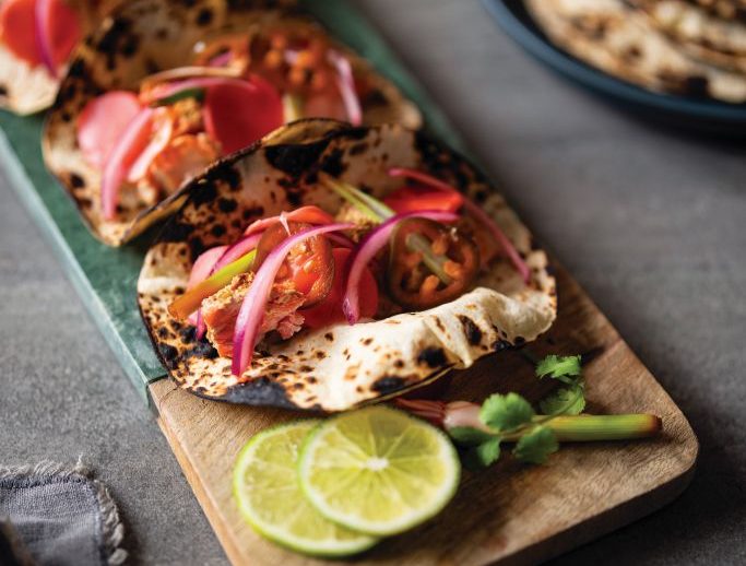 Tandoori Salmon Tacos with Spicy Lime-Pickled Radish and Onion
